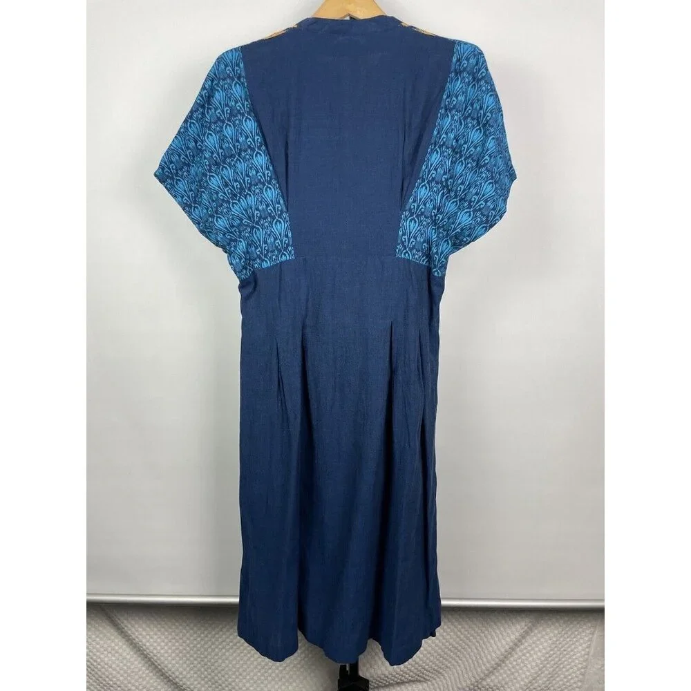 Taaga Blue Yellow Abstract Print Short Sleeve Midi Button Up Kaften Dress Size M